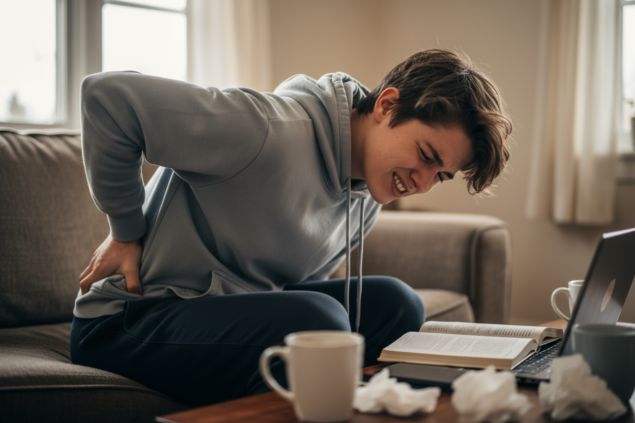 una persona joven quejandose de su dolor de espalda